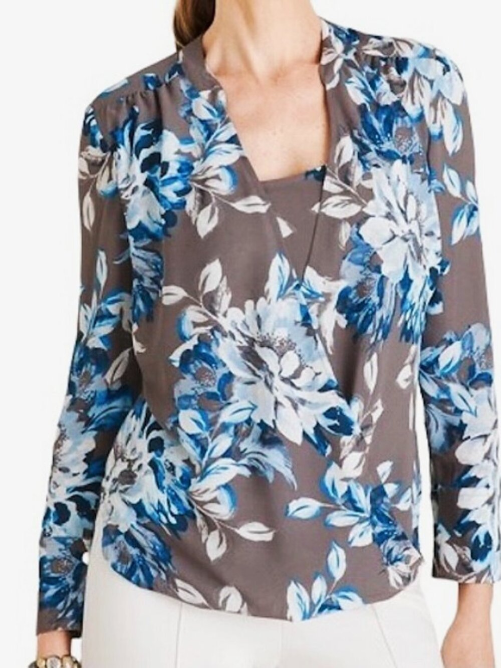 Chico's Wrap Hi-Lo Taupe Floral Blouse size 3